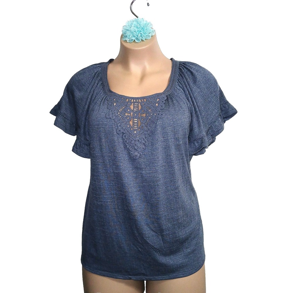 Max Studio Women Peasant Top 1X Blue Crochet Lace Cottage Casual Romantic Ruffle